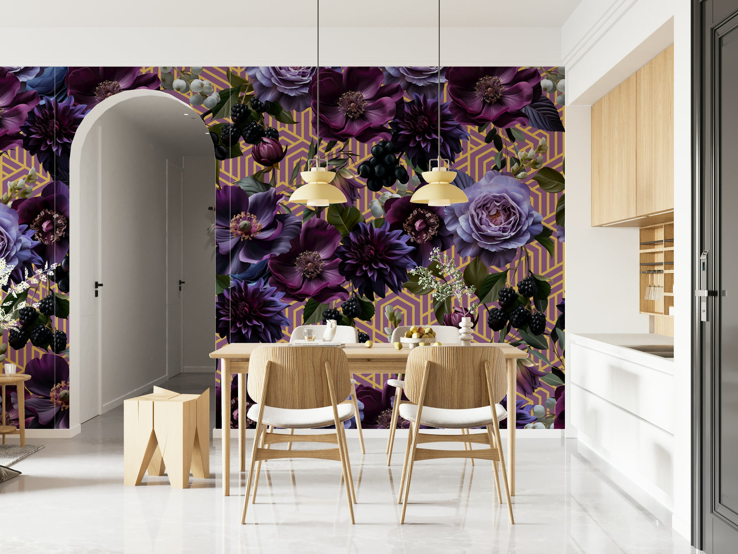 A graceful subtle geometric wall mural in bold, purple tones.

