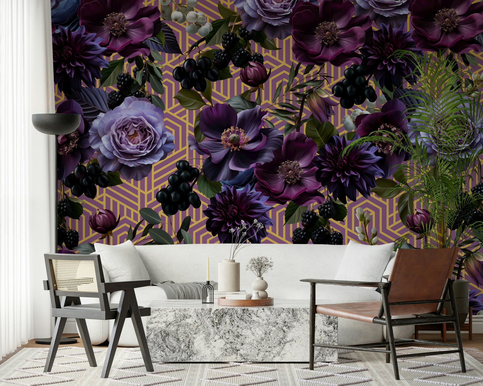 A peaceful repetitive design mural on decorative wallpaper.

