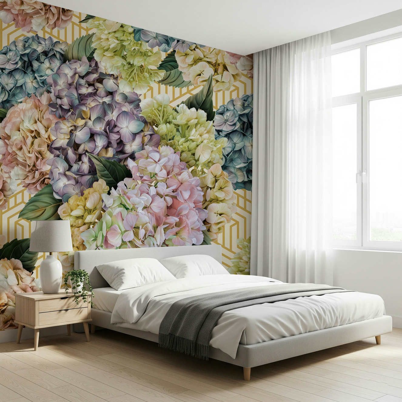 A beautiful hydrangea floral wallpaper mural for a modern home.

