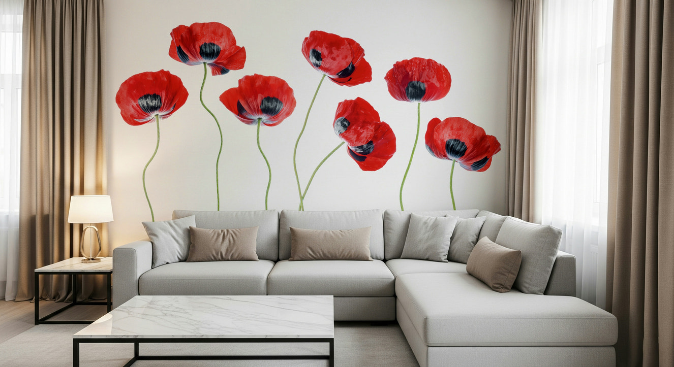A beautiful field of red flowers wallpaper mural for a modern home.


