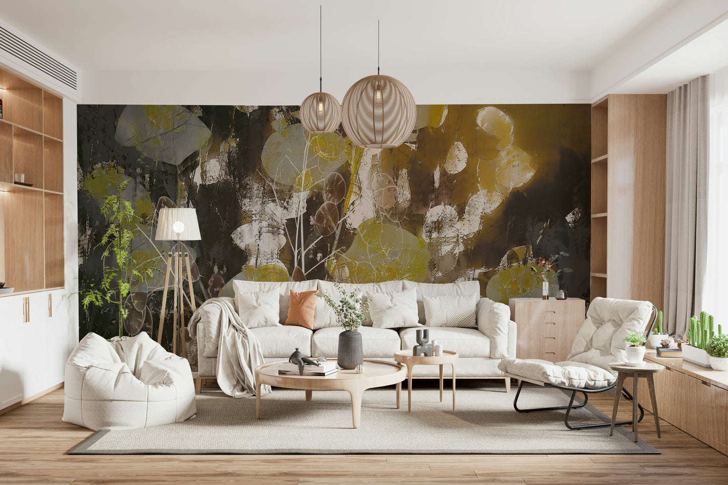 A graceful subtle bloom wall mural in rich, elegant tones.

