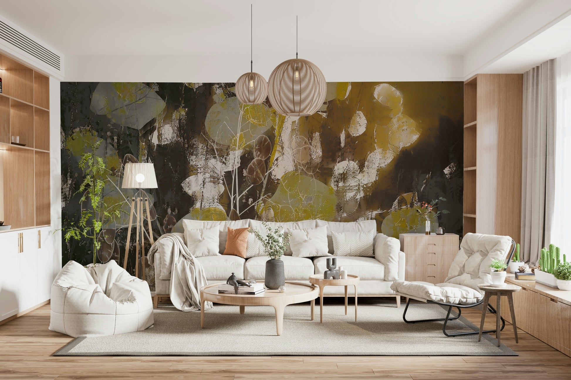 A graceful subtle bloom wall mural in rich, elegant tones.

