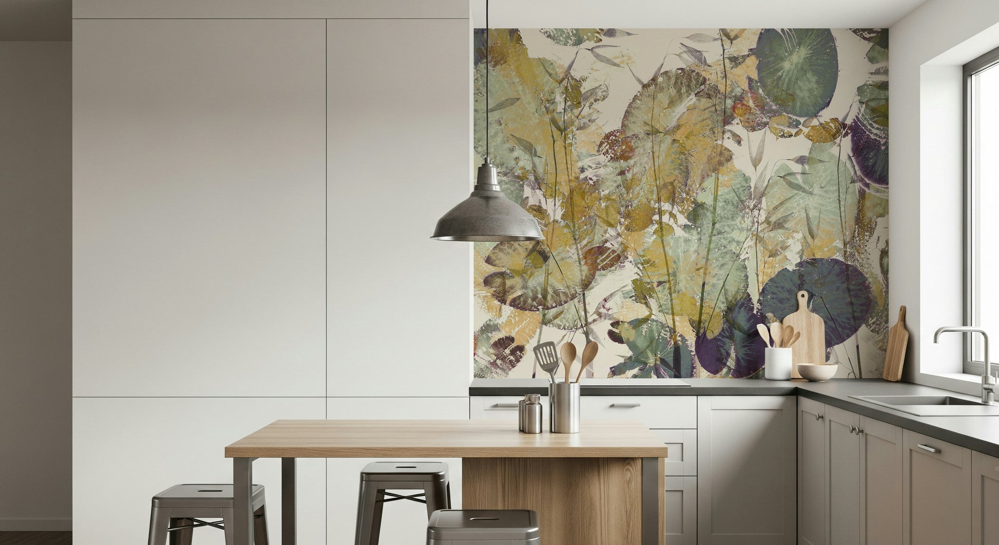 A calming foliage design wallpaper mural that defines a space.

