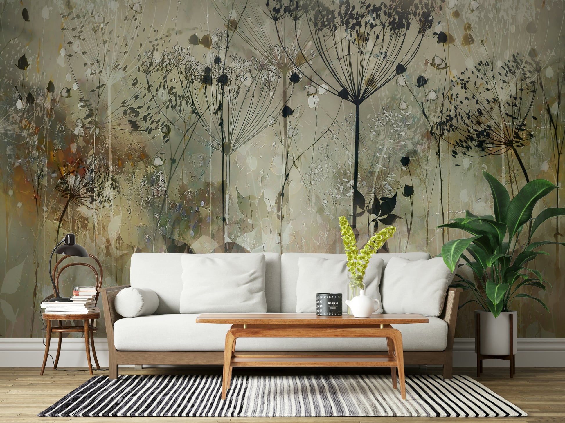 An artistic gentle bloom mural on minimalist wallpaper.

