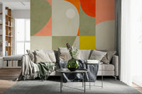 A peaceful geometric abstract mural on decorative wallpaper.


