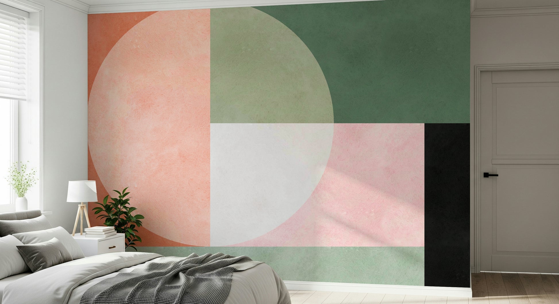 An artistic abstract shape mural on minimalist wallpaper.

