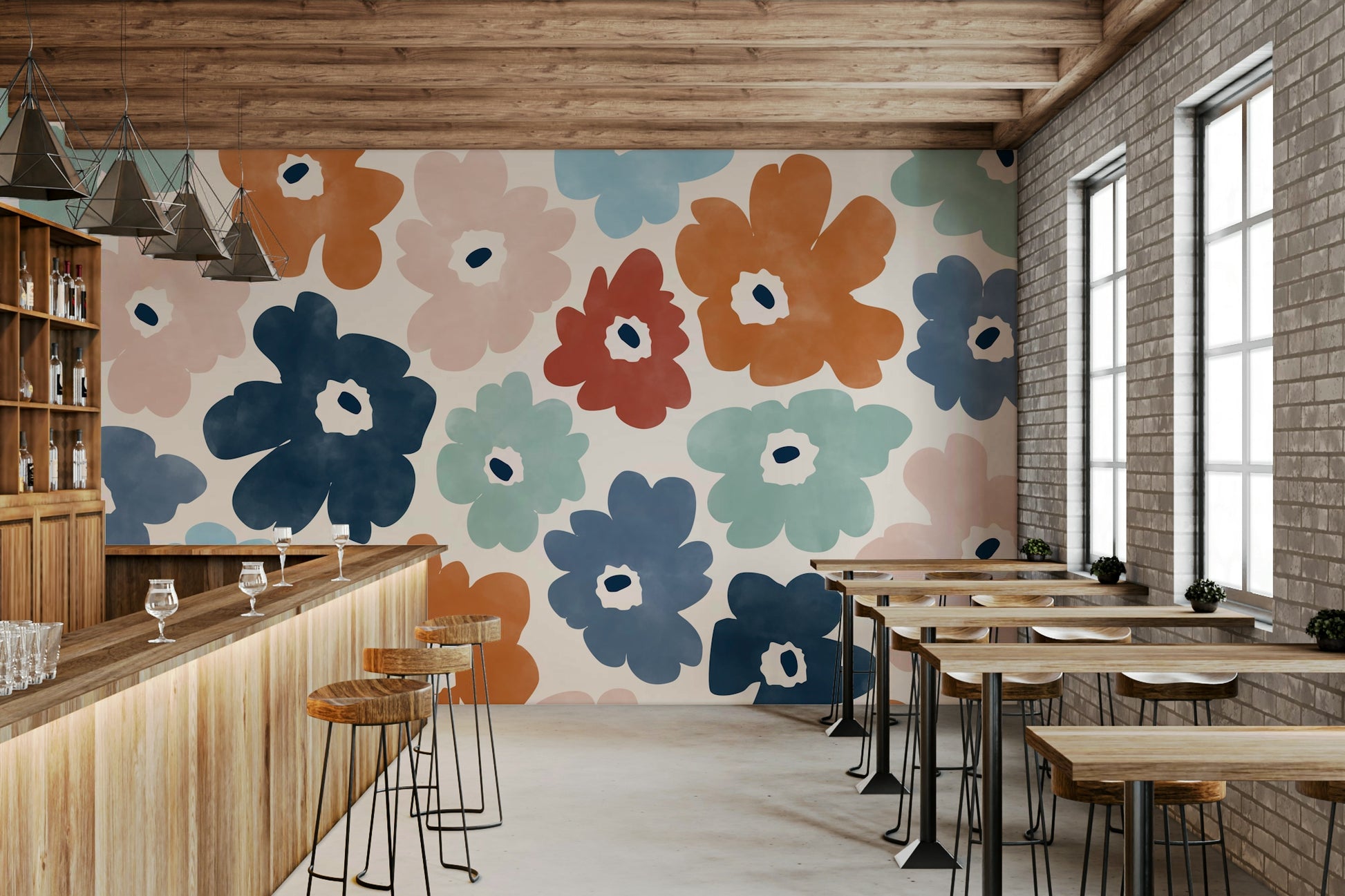 A beautiful modern art wall mural of bursting flowers.

