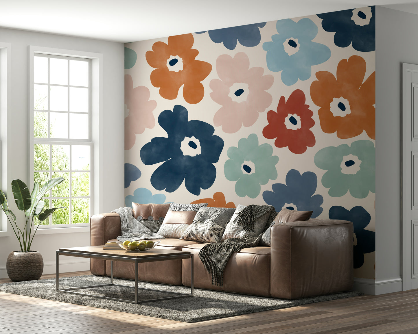 An artistic blooming garden mural on minimalist wallpaper.

