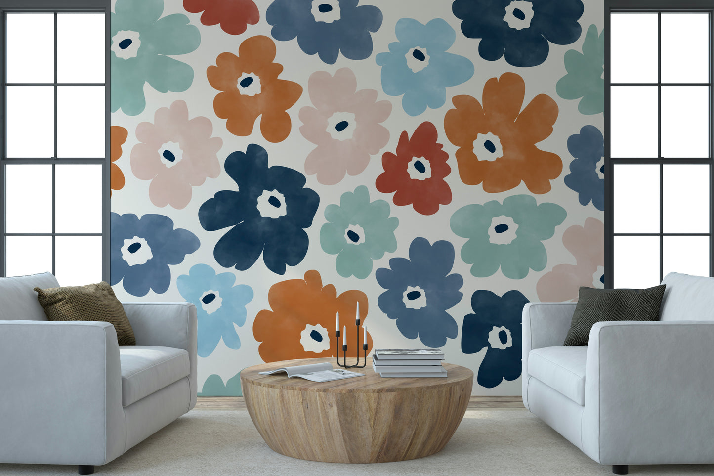 A beautiful vibrant floral wallpaper mural with a burst of color.

