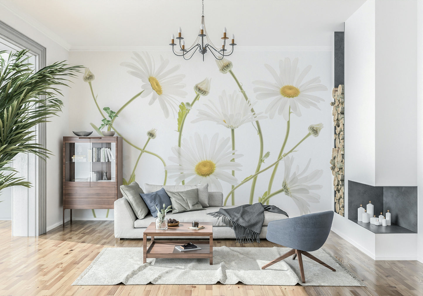 An artistic peaceful meadow mural on minimalist wallpaper.

