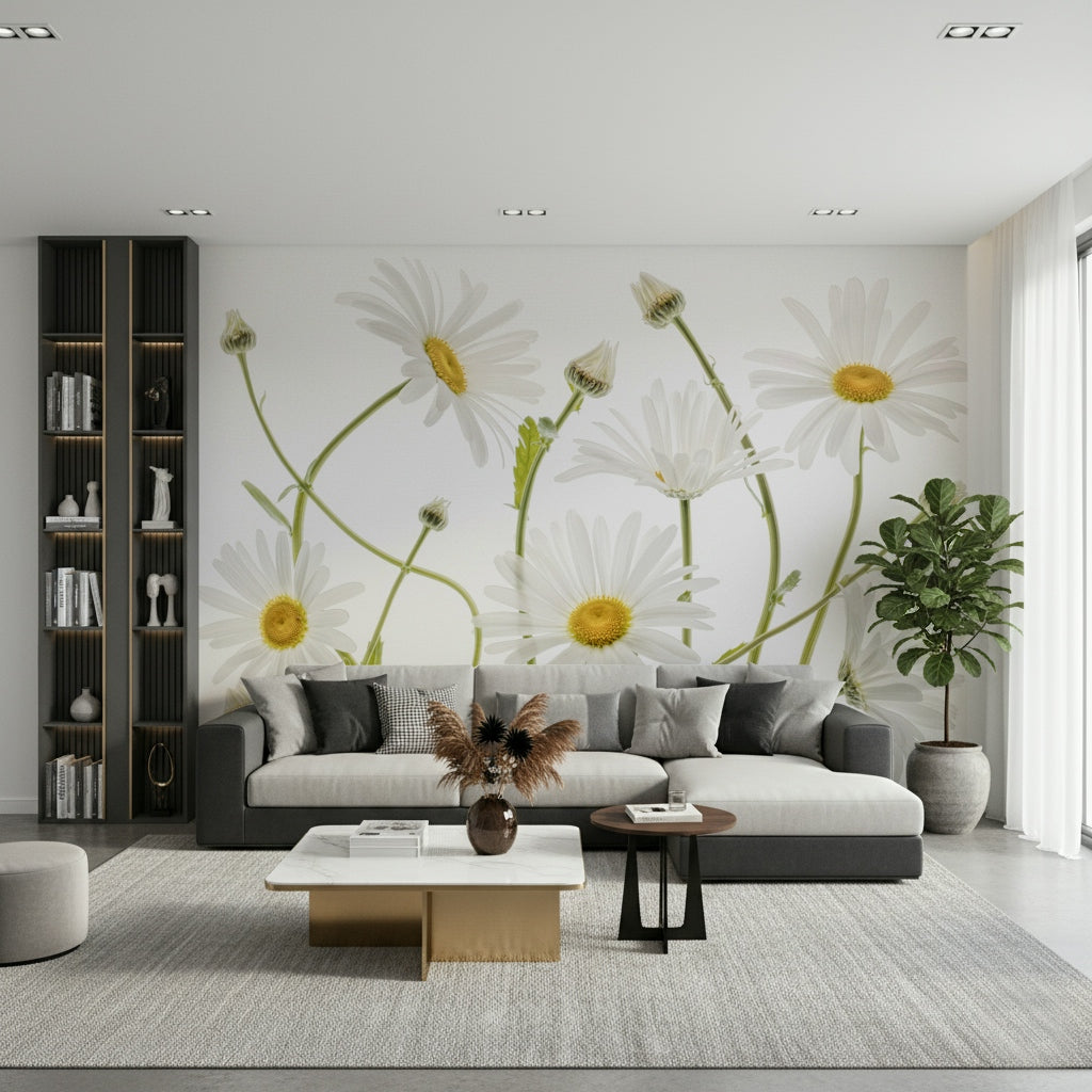 A peaceful flower design mural on decorative wallpaper.

