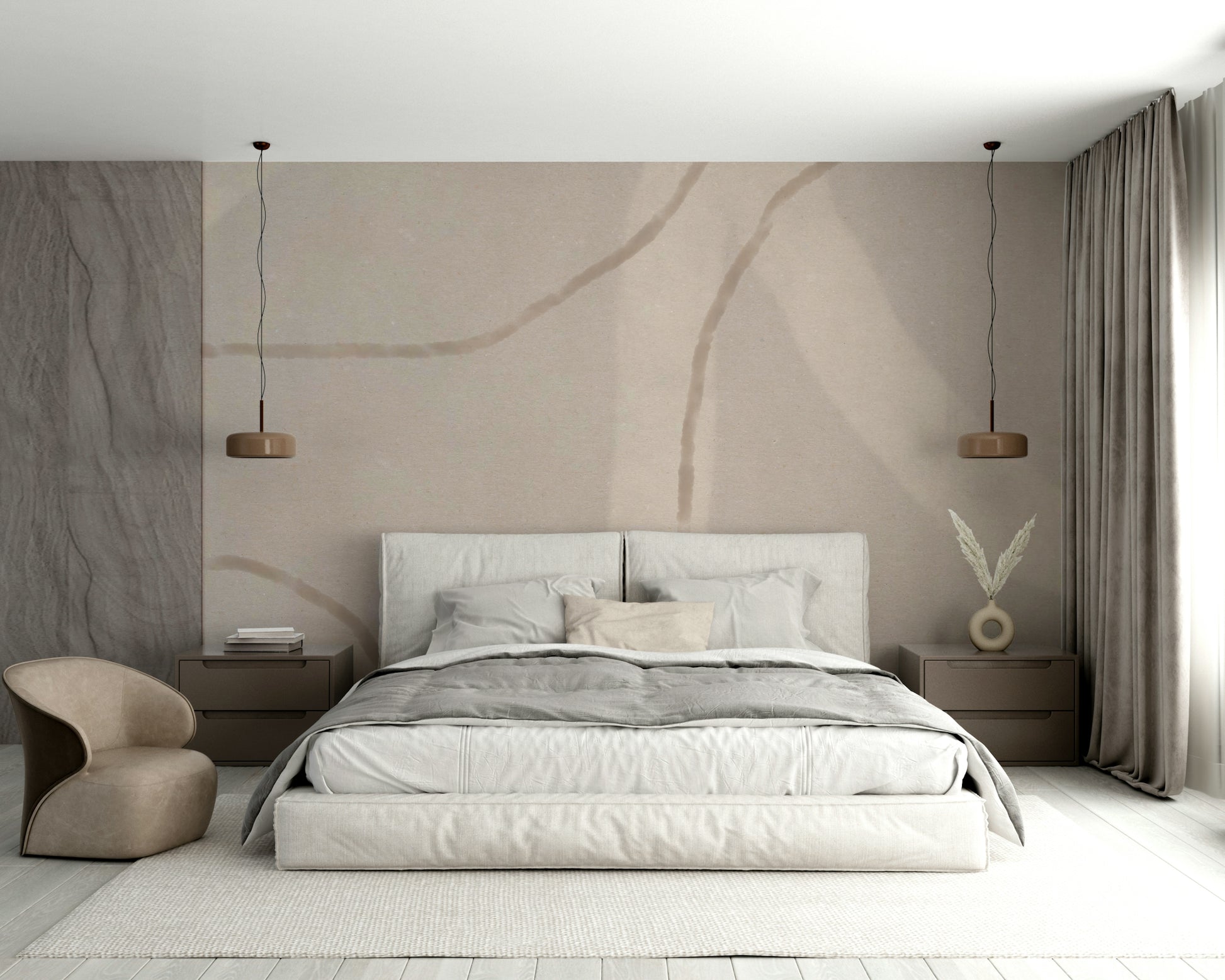 A peaceful geometric abstract mural on decorative wallpaper.

