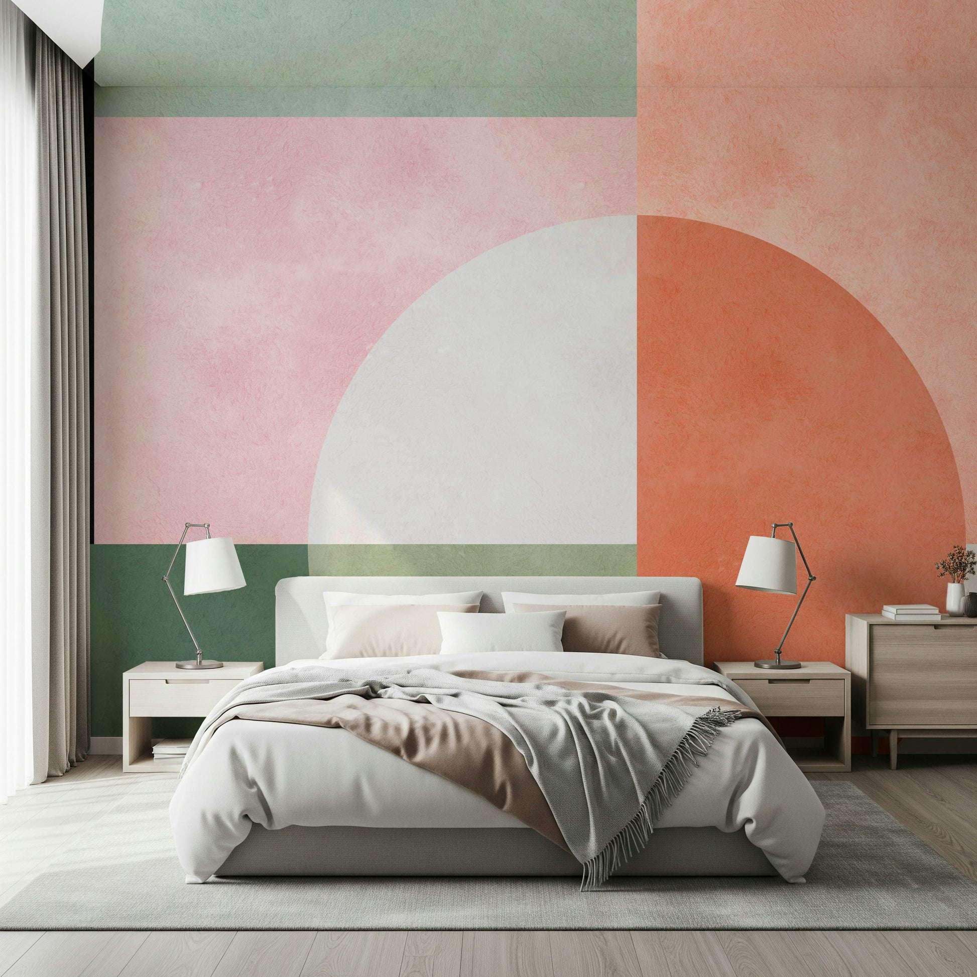 An artistic flowing design mural on minimalist wallpaper.

