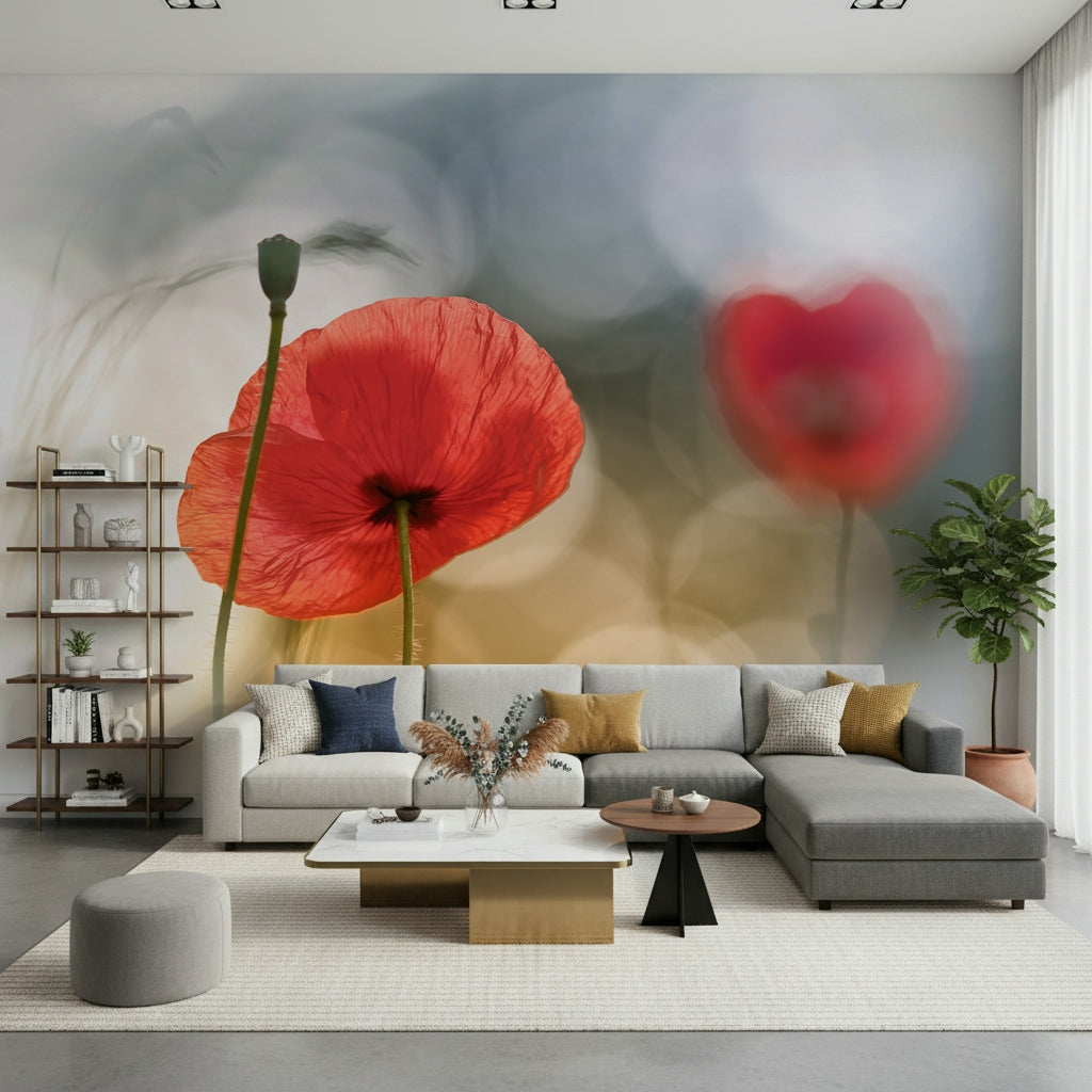 An artistic soft focus poppy mural on minimalist wallpaper.

