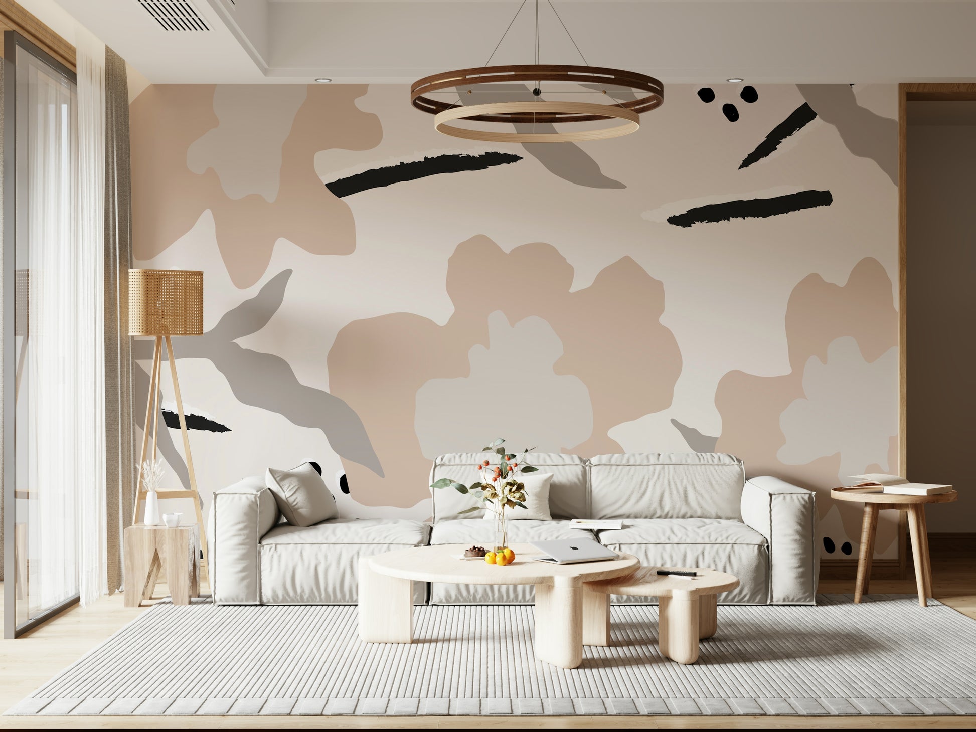 A peaceful flower design mural on decorative wallpaper.

