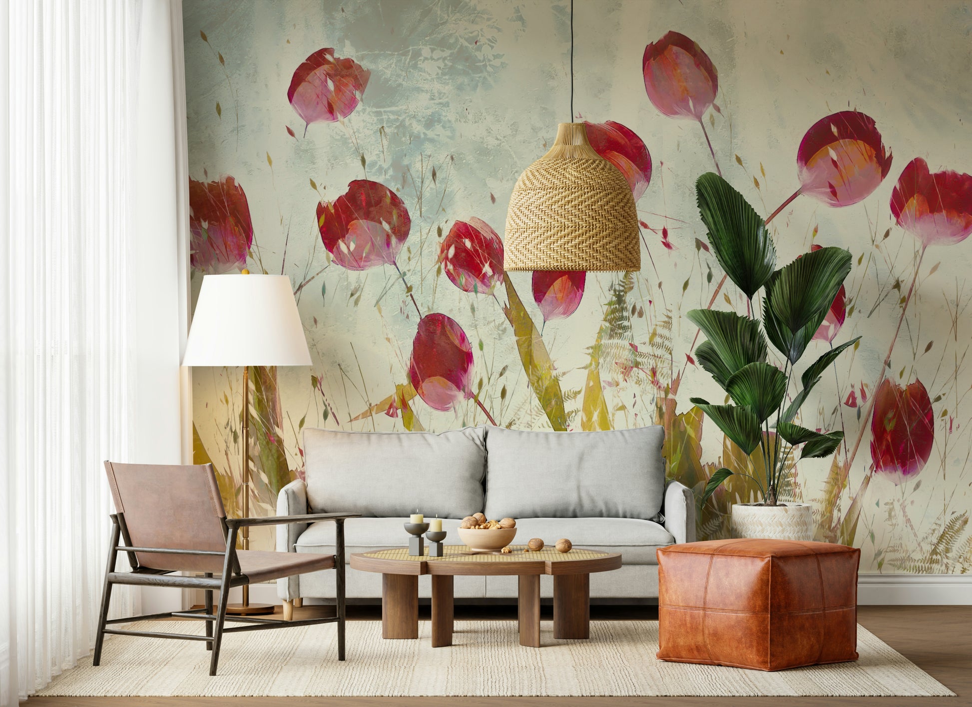 A graceful subtle bloom wall mural in rich, red tones.

