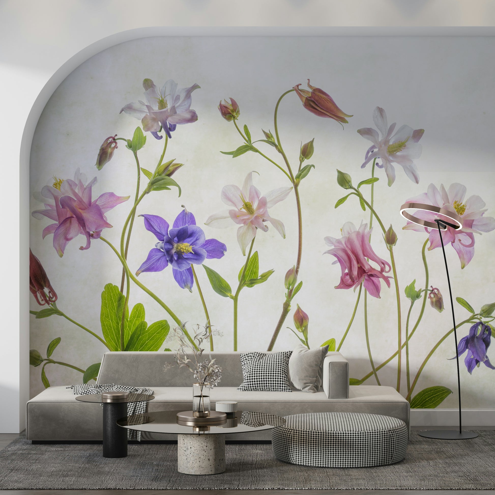 A peaceful flower design mural on decorative wallpaper.


