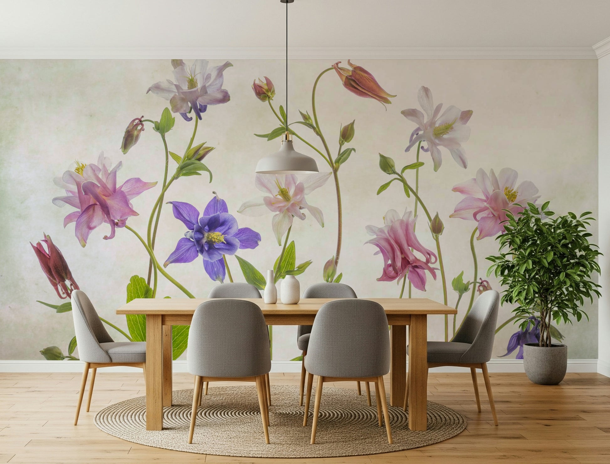 A calming floral design wallpaper mural that defines a space.

