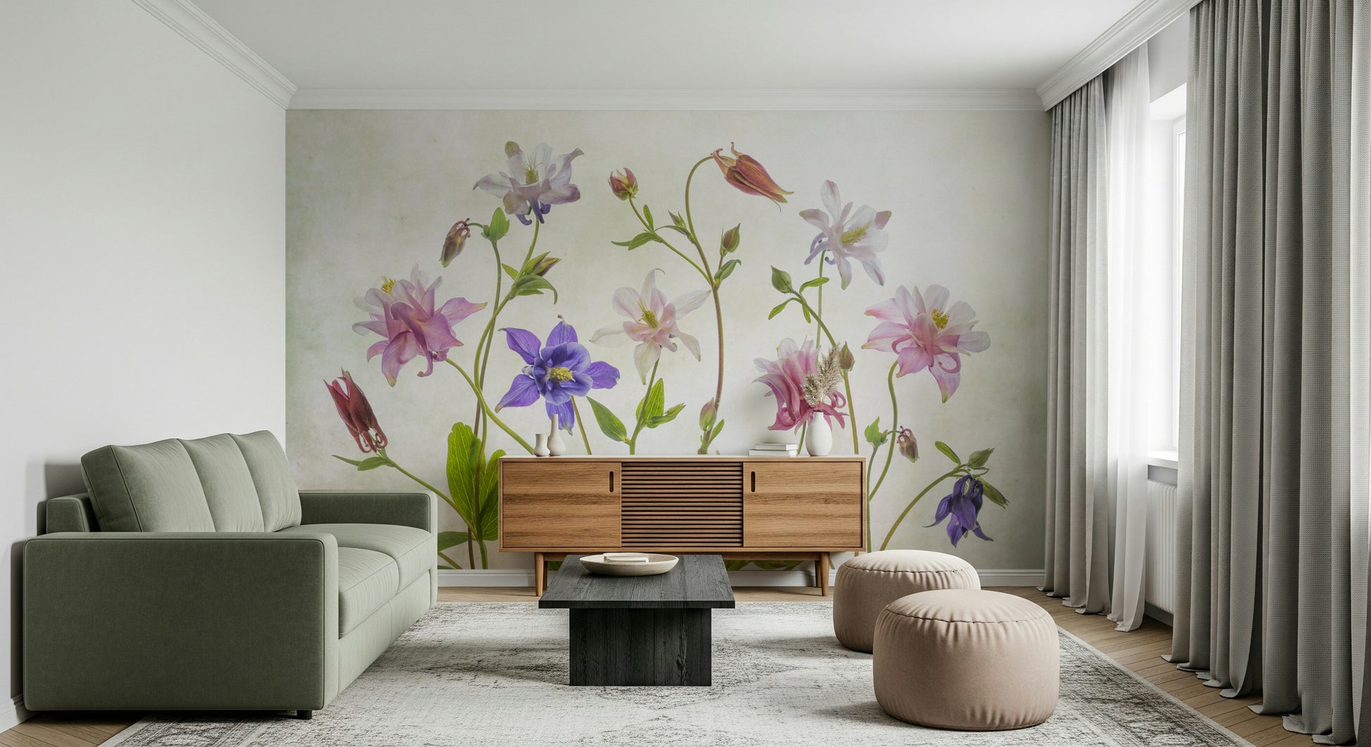 An artistic gentle columbine mural on minimalist wallpaper.

