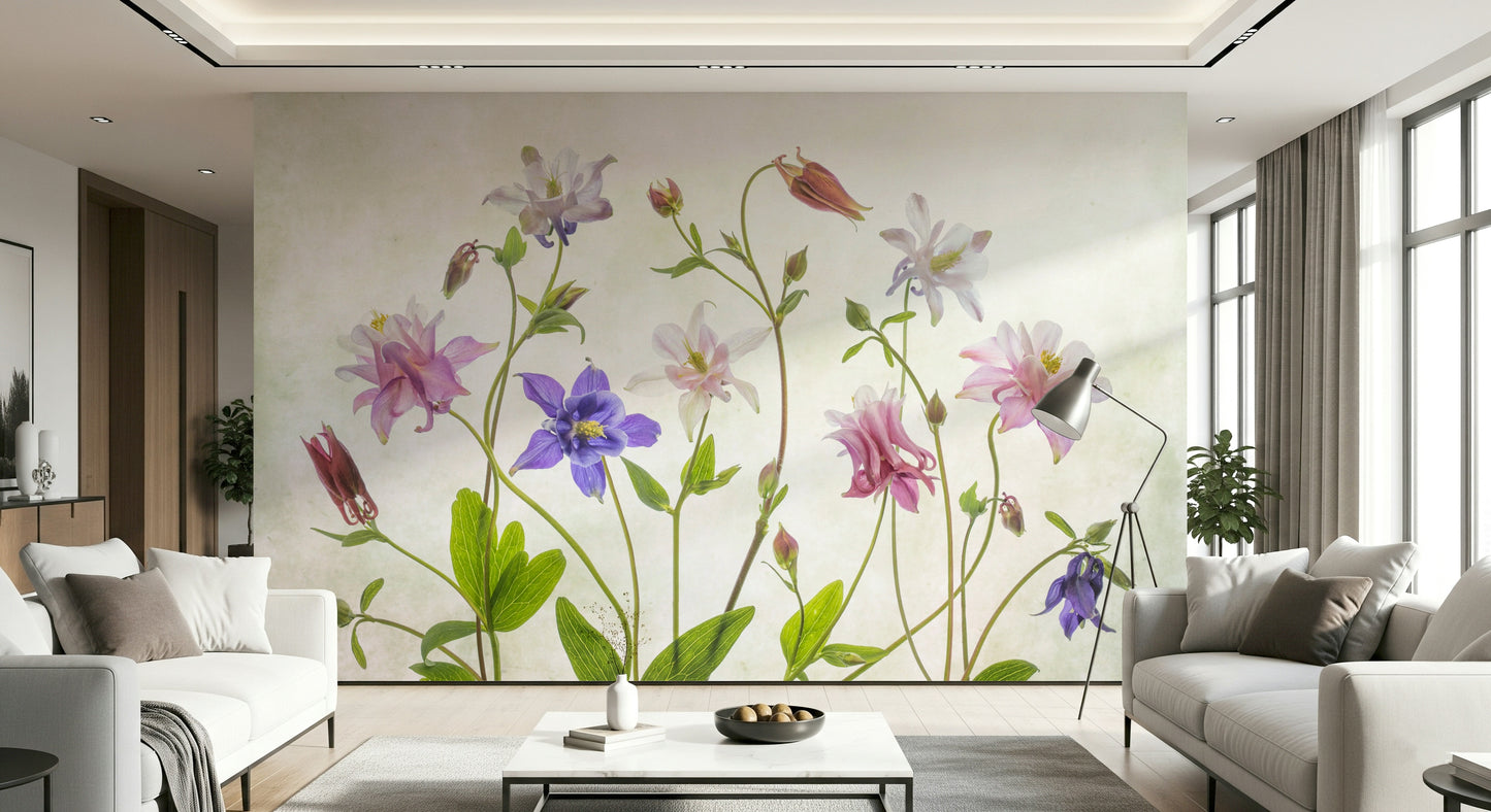 A beautiful modern art wall mural of delicate flowers.

