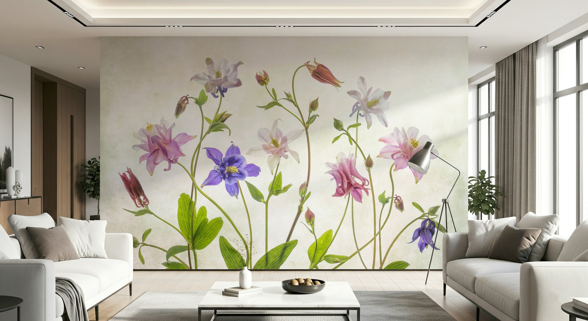 A beautiful modern art wall mural of delicate flowers.

