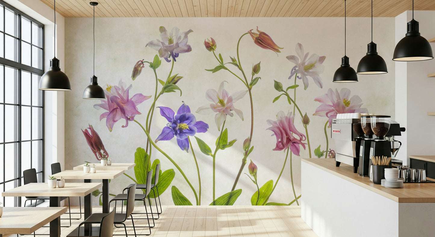 A graceful subtle bloom wall mural in soft, elegant tones.

