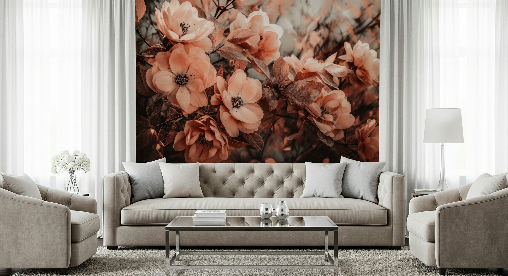 A graceful subtle bloom wall mural in soft, rustic tones.

