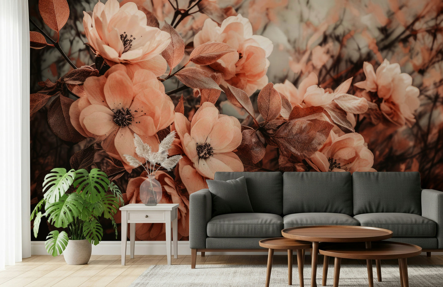 A peaceful flower design mural on decorative wallpaper.

