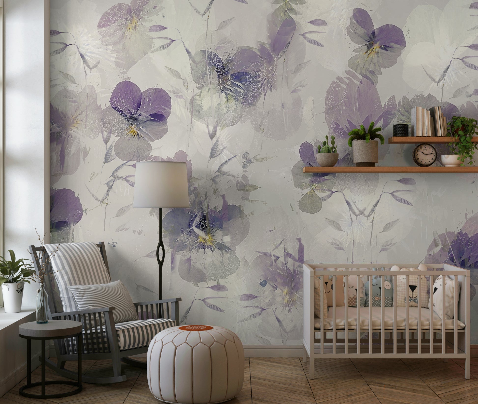A calming floral design wallpaper mural that defines a space.

