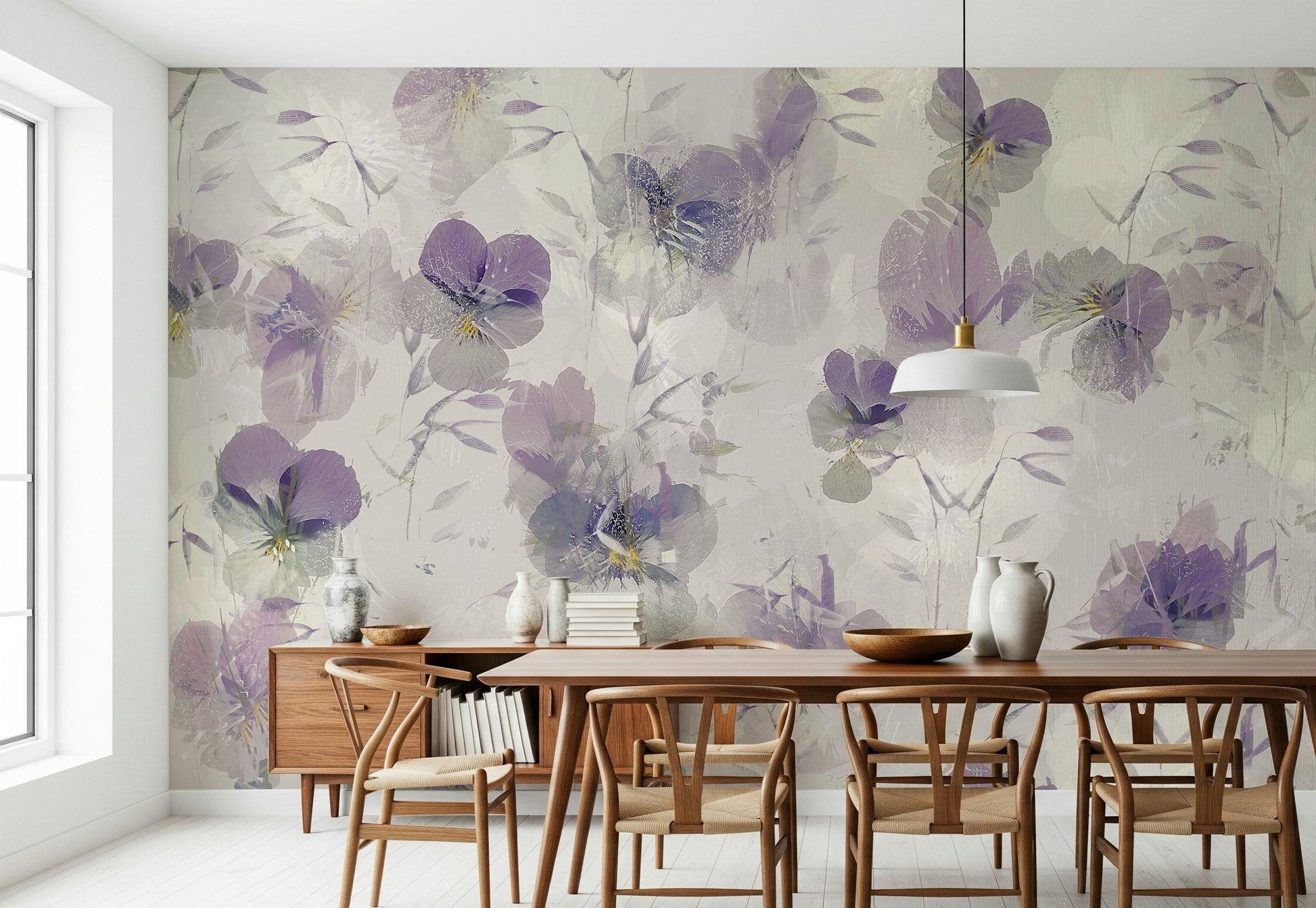 An artistic delicate bloom mural on minimalist wallpaper.

