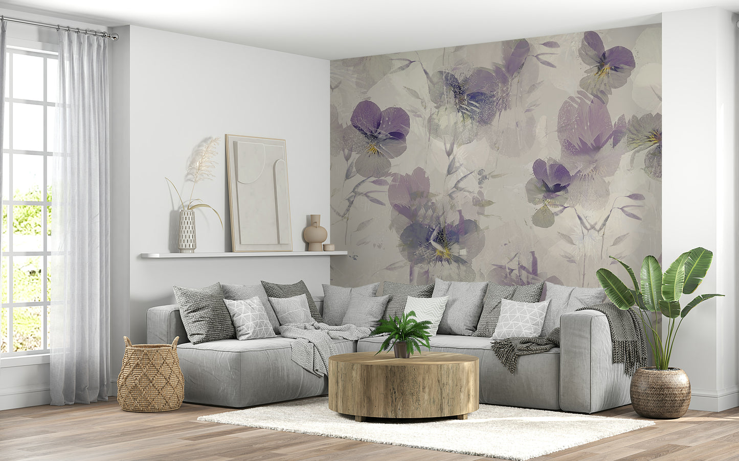 A peaceful flower design mural on decorative wallpaper.

