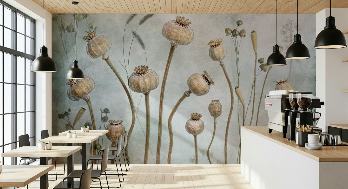 An artistic dried seed mural on minimalist wallpaper.

