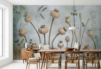A peaceful botanical design mural on decorative wallpaper.

