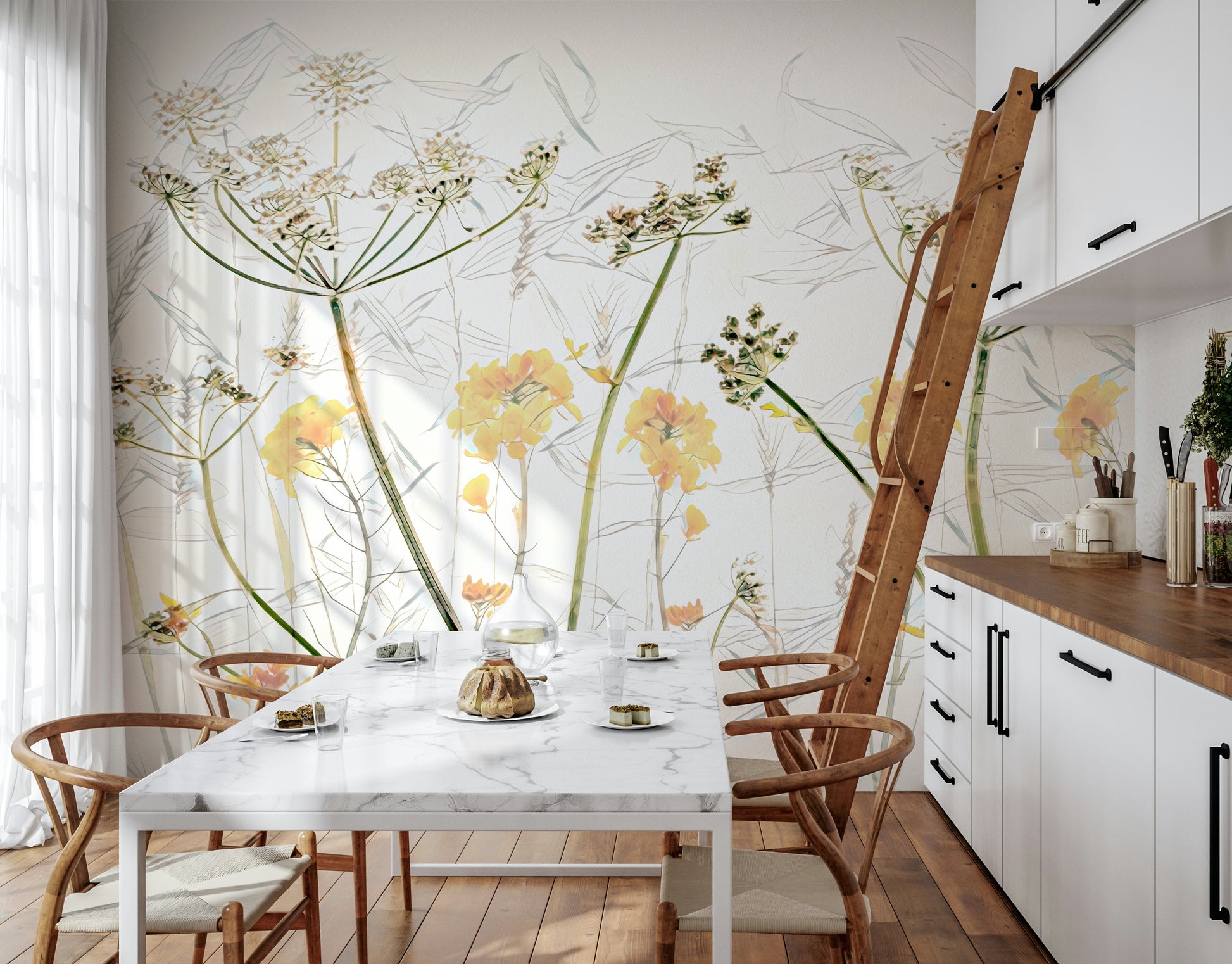 A graceful subtle bloom wall mural in rich, golden tones.

