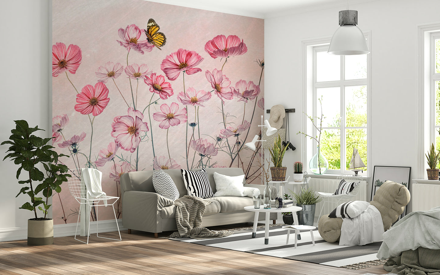 An artistic nebula design mural on minimalist wallpaper.

