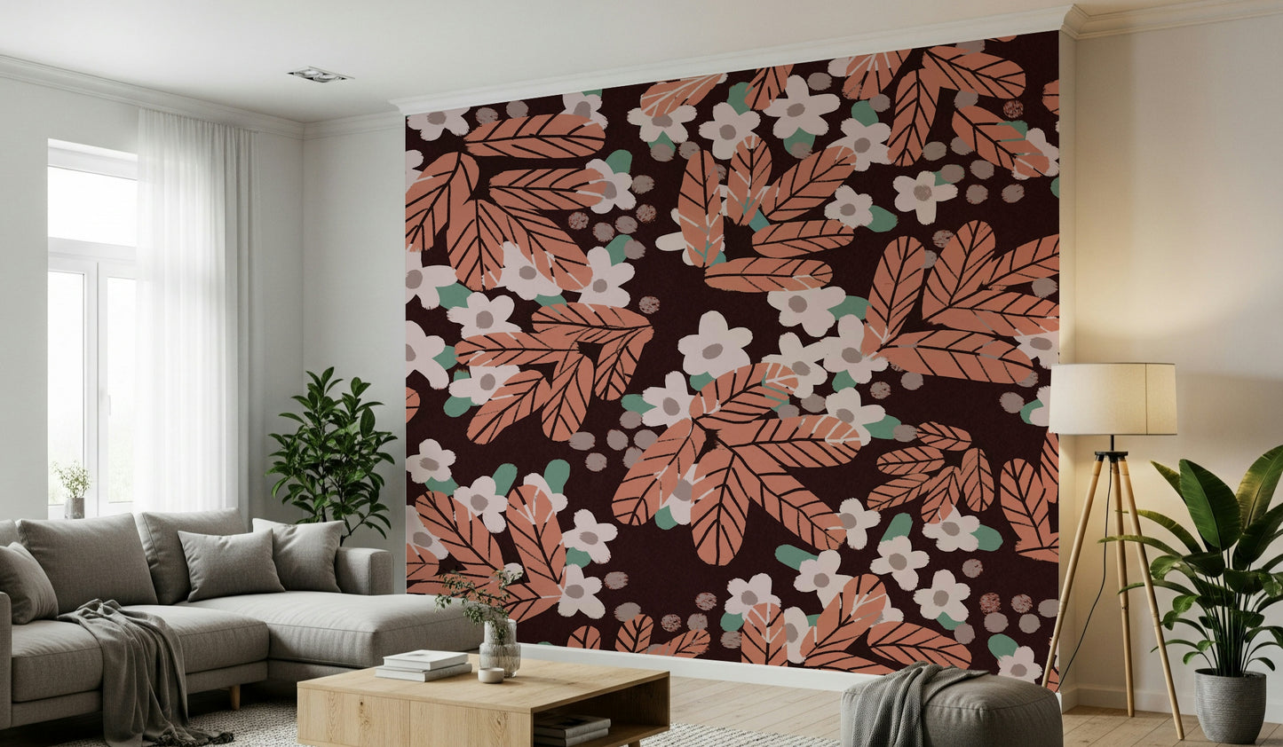 A graceful subtle bloom wall mural in soft, rustic tones.

