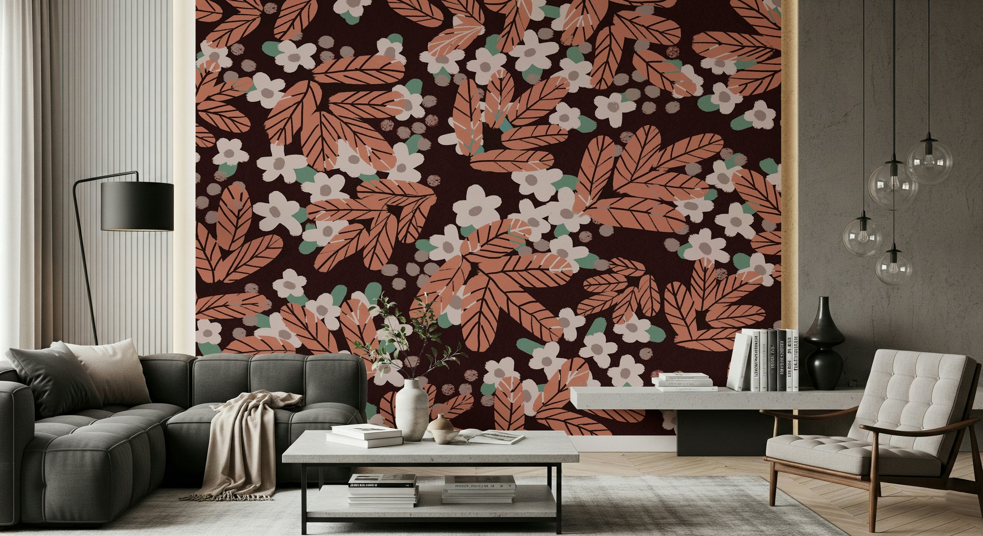 A beautiful modern art wall mural of delicate flowers.

