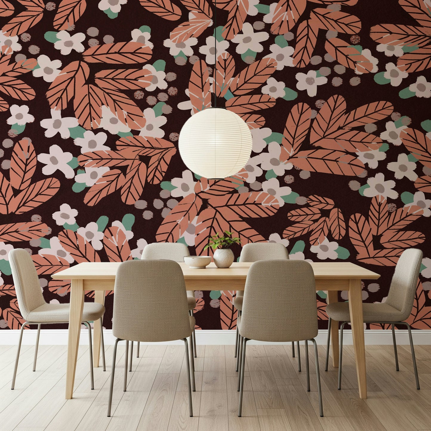 An artistic delicate daisy mural on minimalist wallpaper.

