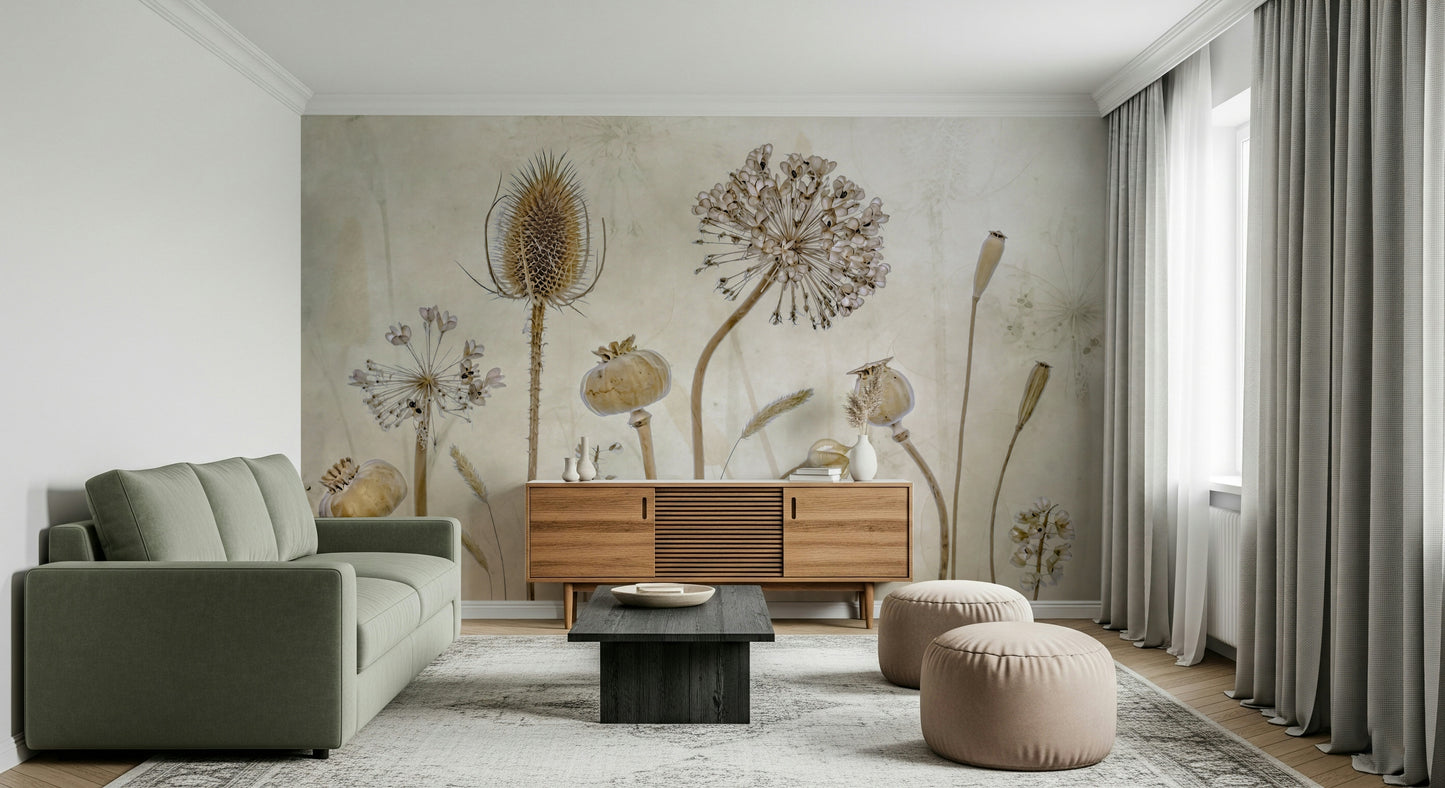 A calming floral design wallpaper mural that defines a space.

