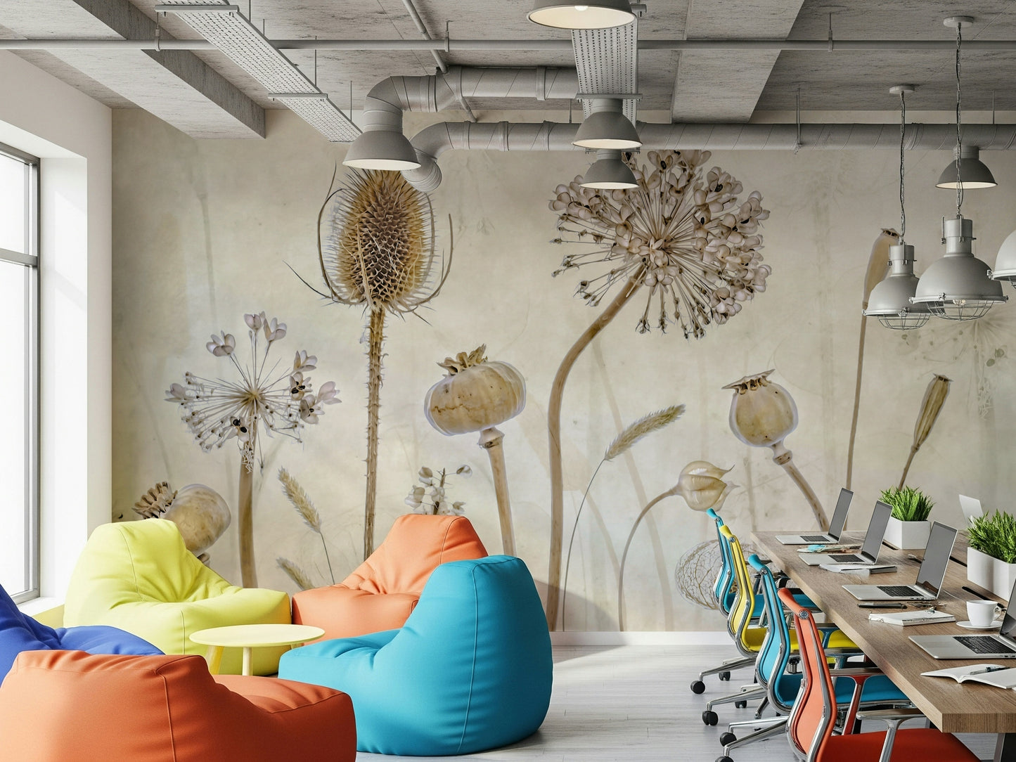 An artistic gentle bloom mural on minimalist wallpaper.

