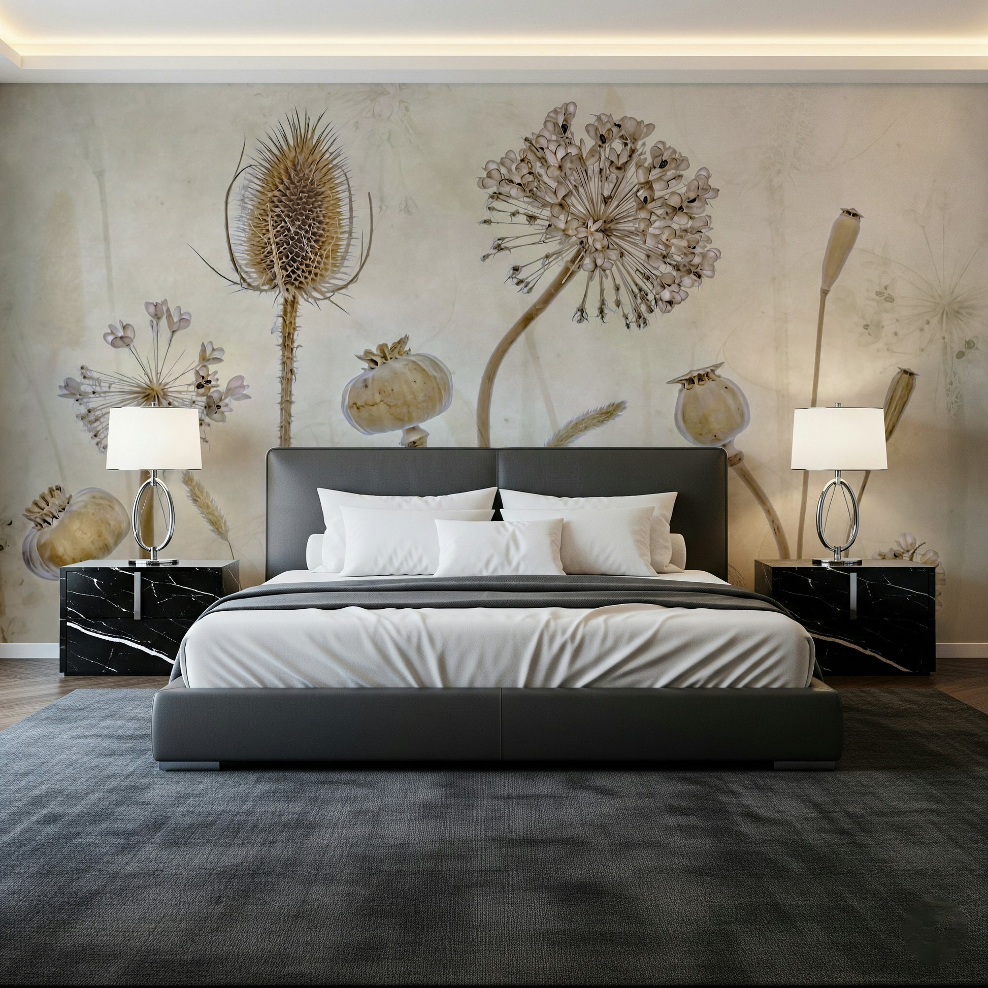 A beautiful serene floral wallpaper mural with subtle, ethereal blooms.

