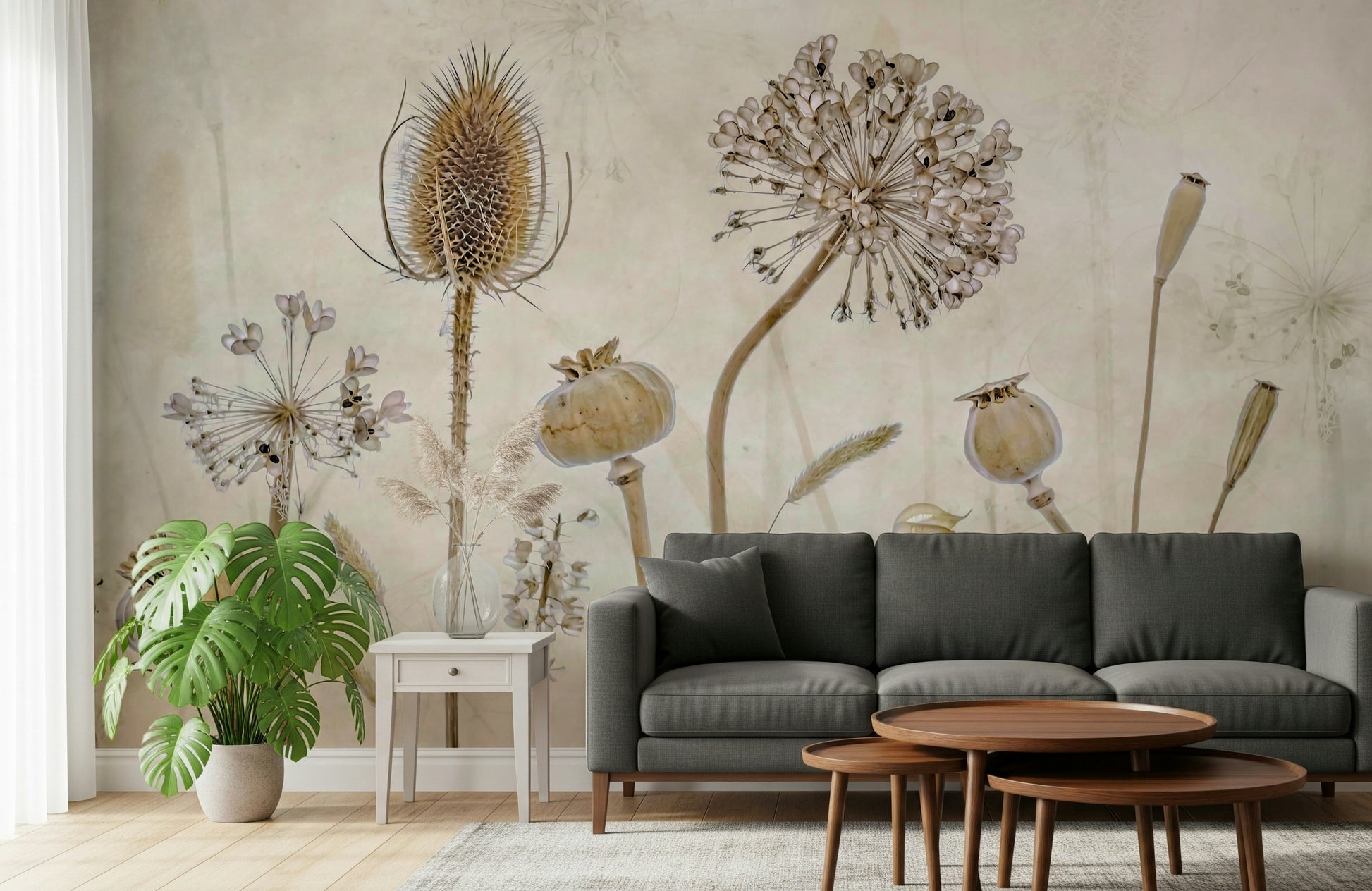 A classic soft floral wallpaper for walls.

