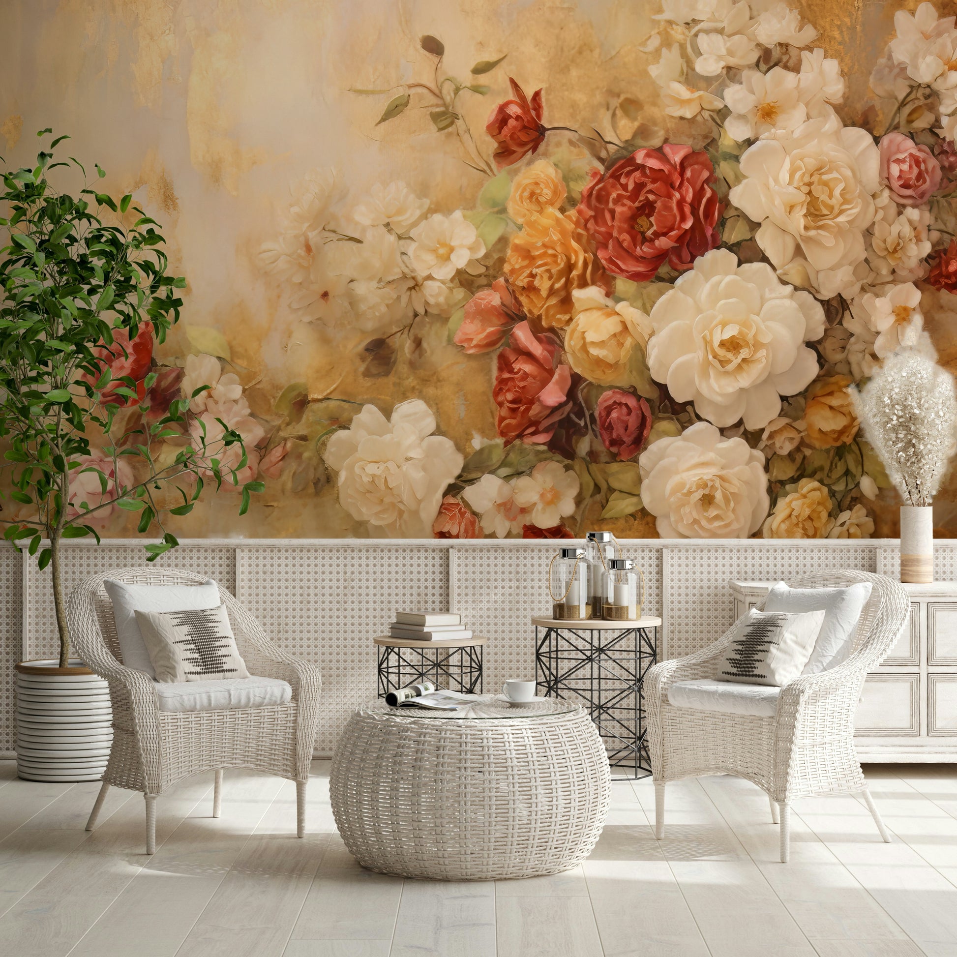 An artistic elegant bloom mural on luxury wallpaper.

