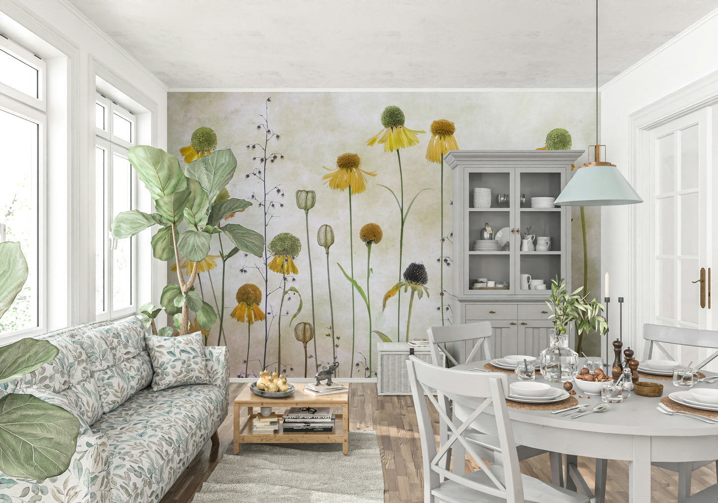 A graceful subtle bloom wall mural in soft, elegant tones.

