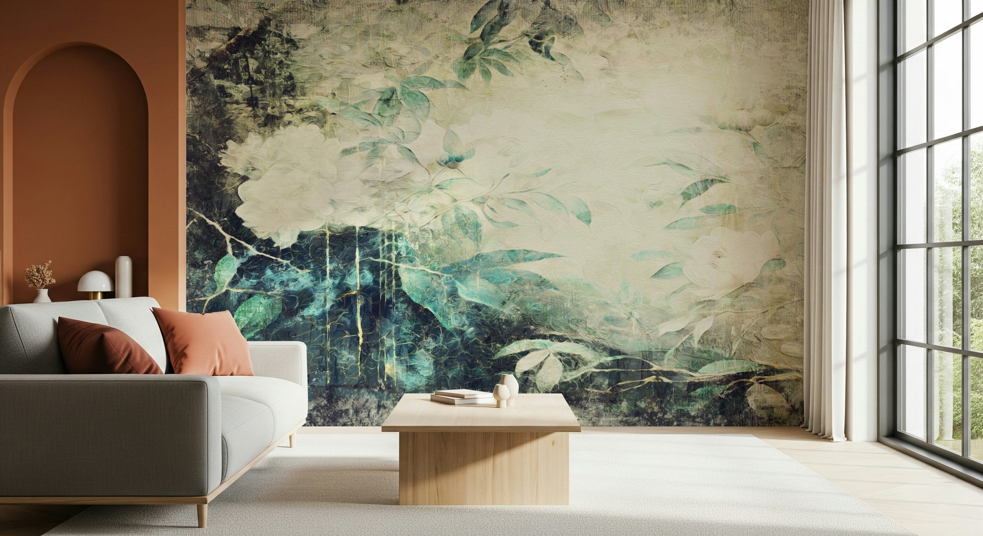 A peaceful flower design mural on decorative wallpaper.

