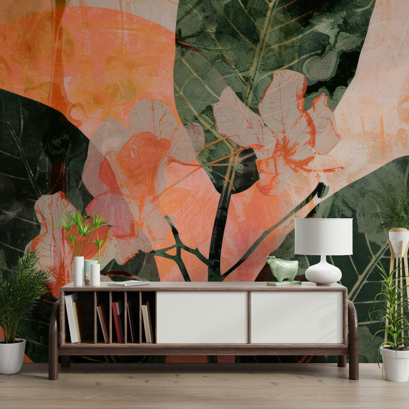 A beautiful serene floral wallpaper mural with subtle green and white blooms.

