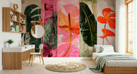 A beautiful vivid floral wallpaper mural with a patchwork pattern.


