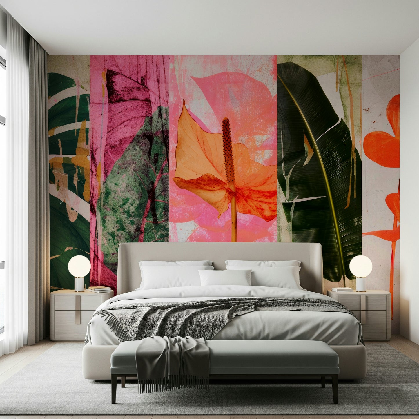 A calming floral design wallpaper mural that defines a space.

