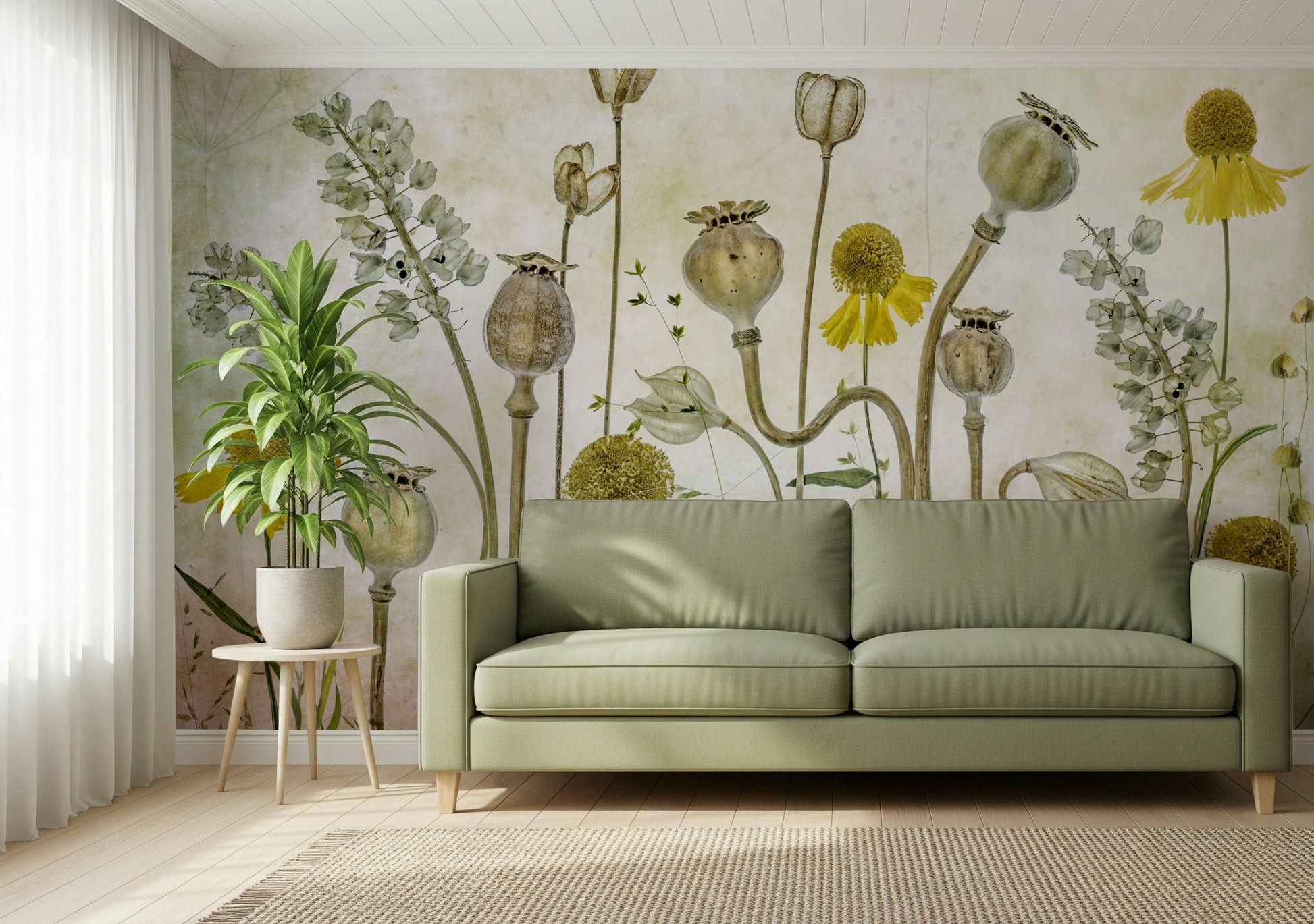 A beautiful modern art wall mural of delicate flowers.

