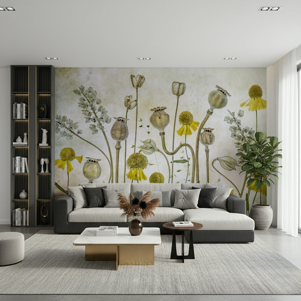 A contemplative dark floral wallpaper mural for a feature wall.

